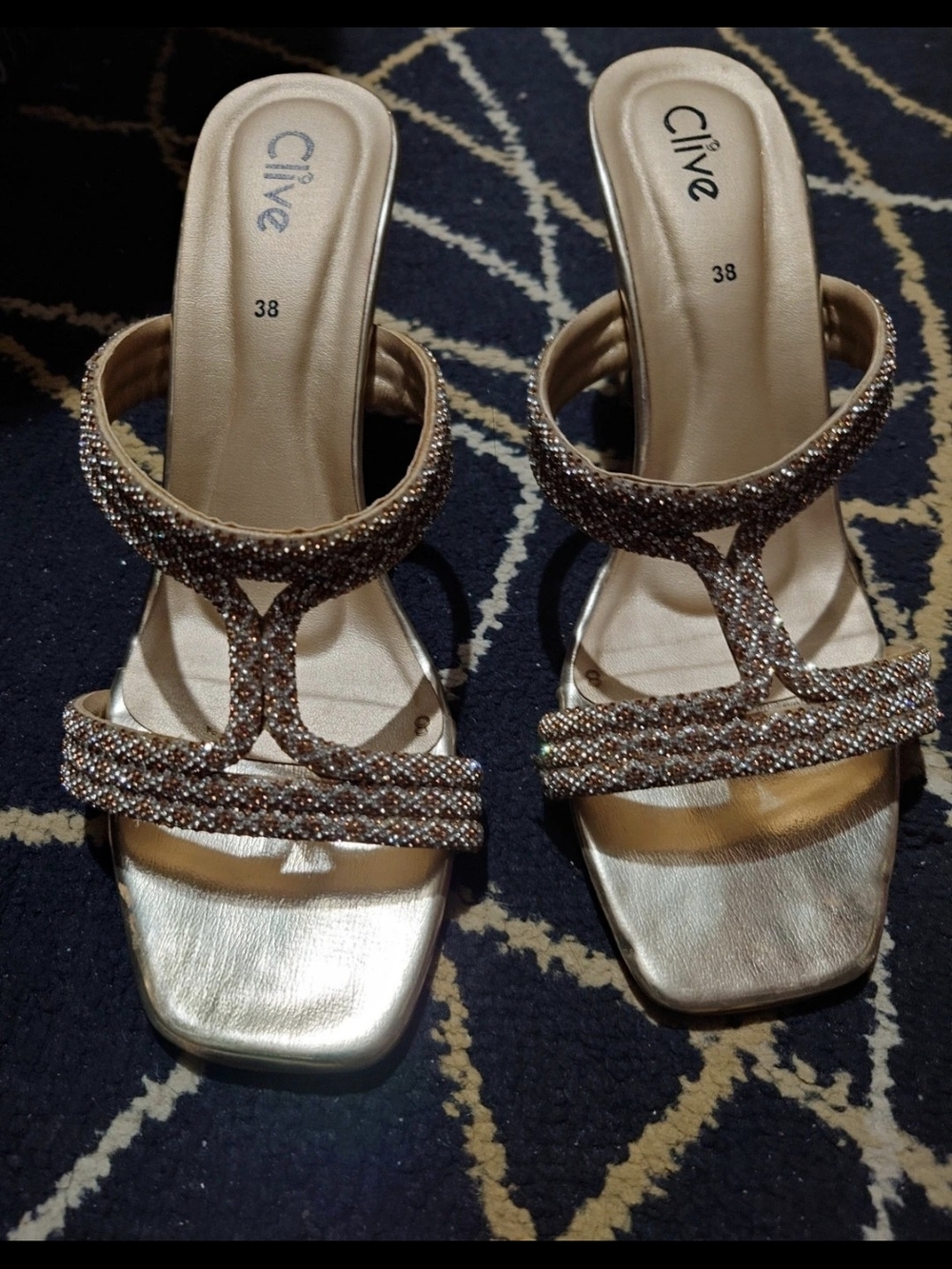 Women's Gold Heals With Sparkly White & Brown Stones